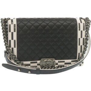 CHANEL Matelasse Boy Chanel Chain Shoulder Bag Lamb Skin Black CC Auth 29190A